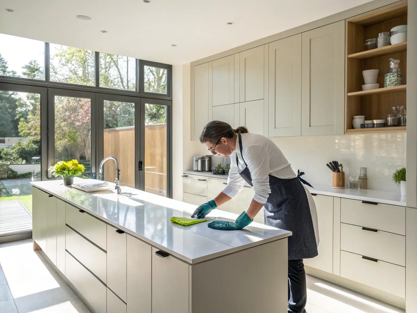 A caregiver tidying up a kitchen, wiping counters and arranging items, ensuring a clean and safe environment.
