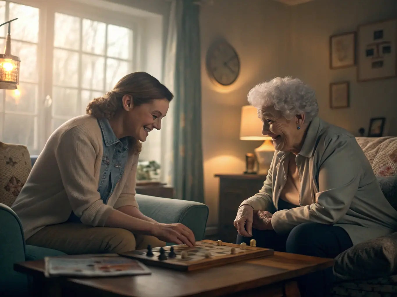 A caregiver and a senior engaged in a friendly conversation while playing a board game in a cozy living room.