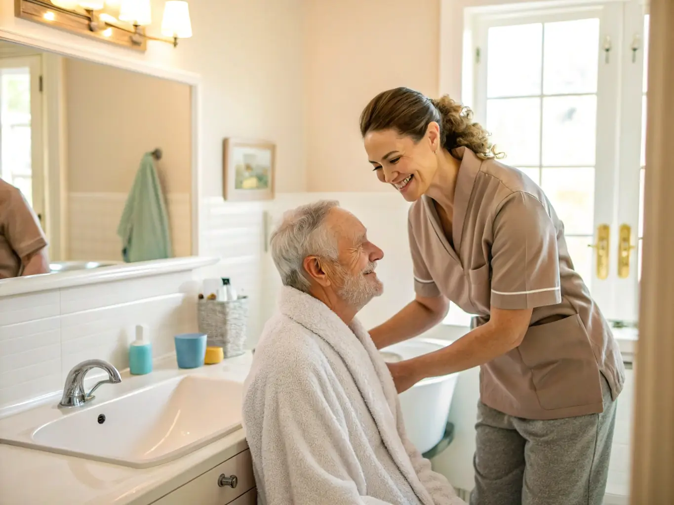A caregiver assisting a senior with bathing in a bright, clean bathroom, emphasizing safety and dignity.